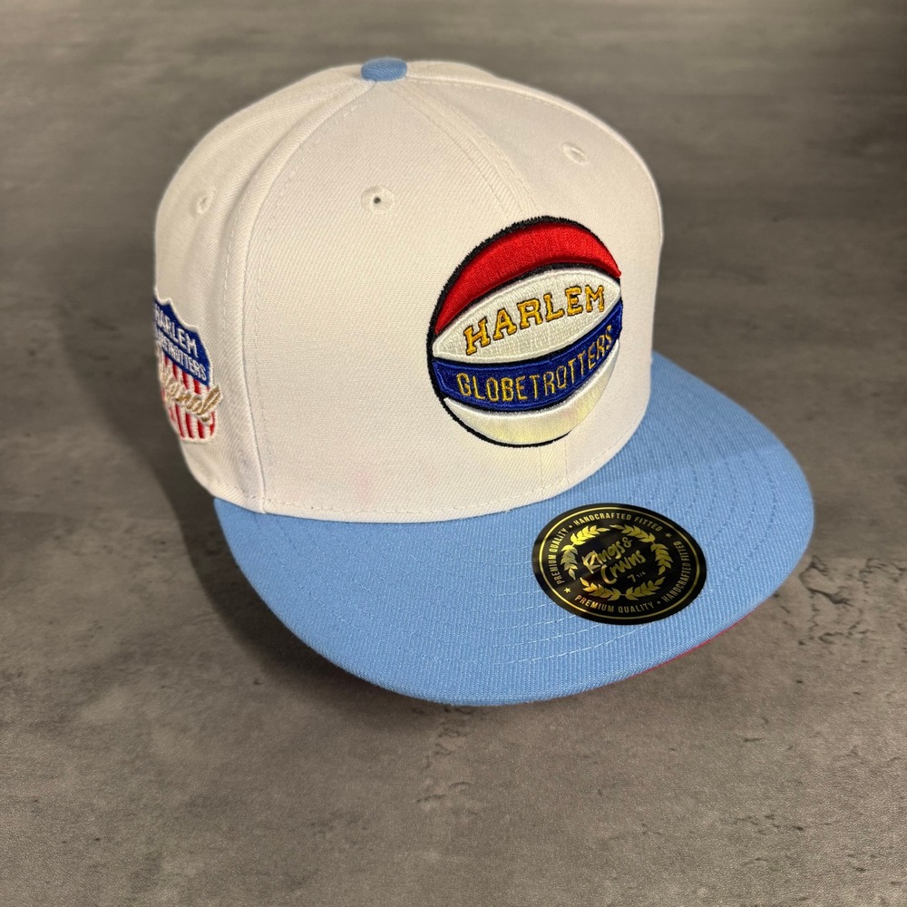 Harlem Globetrotters Fitted Hat‎ Cap Mens Size 7 1/4 White Baby Light Blue NBA